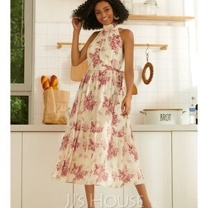 JJ's House Women's A-Line Halter Dress High Neck, Tea-Length, Chiffon NWT